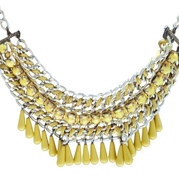 Boho Retro Yellow Chain Link Ribbon Bib Necklace Teardrop Beads Fashion Jewelry - Picture 1 of 6
